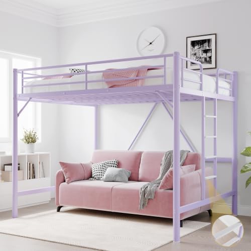 VINGLI Queen Loft Bed with Flat Rungs for Adults, Kids and Young Teens, No Box Spring Required,Heavy Duty Metal Slat Support, Purple