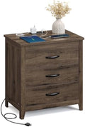 VASAGLE 23.6‑Inch Farmhouse Nightstand with Charging Station, 3 Drawers