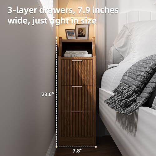 7.9" Narrow Nightstand Set of 2,23.6" Tall Fluted Bedside Table Set of 2, Slim Side End Table with 3 Drawers, Wooden Bedside Table, Mid Century Modern Night Stand for Bedroom Livingroom Sofa Office