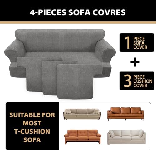 4 Piece T Cushion Sofa Slipcovers Stretch Couch Slip Cover for 3 Cushion Couch Sofa, Machine Washable for Living Room (Light Gray, 3 Cushions)