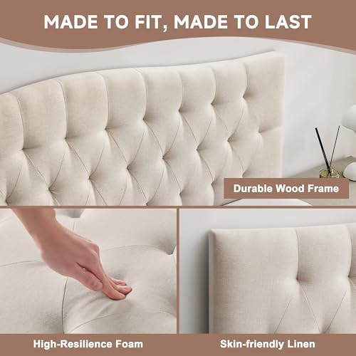 Tufted Upholstered Queen Size Headboard Only, Adjustable 38-50 in, Beige