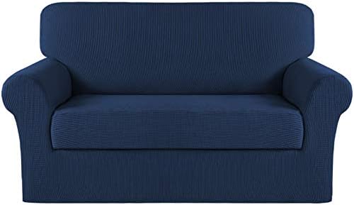 Turquoize Stretch Sofa Slipcover 2 Pieces Sofa Cover Couch Cover for 2 Cushion Couch Washable Furniture Protector Covers with Elastic Bottom Feature Thick Jacquard Fabric (Loveseat, Navy)