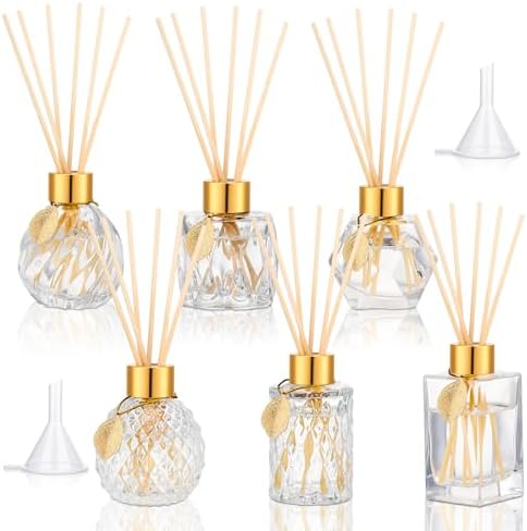 6 Pcs Reed Diffuser Gift Set Empty Reed Diffuser Bottle and 30 Pcs Sticks with Metallic Leaves Decoration Funnels 3.4 oz Fragrance Glass Prismatic Bottles for Essential Oil DIY Home Office, 6 Styles