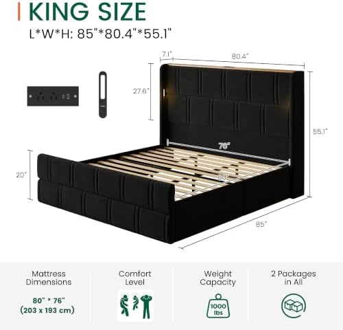 LARMACE 55.1" Tall Headboard King Size Bed Frame, 2 Reading Lights, Black