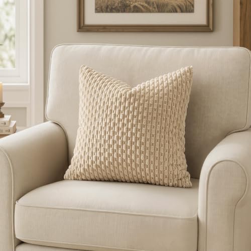 MIULEE Decorative Throw Pillow Covers 18x18 Beige Textured Corduroy