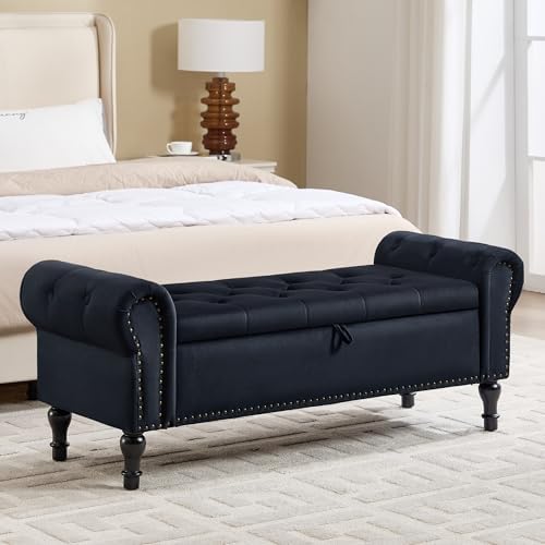 Storage Bench for Bedroom, 51" Upholstered End of Bed Bench, Velvet Queen Size Benches with Rolled Arms, Tufted Button Storage Long Ottoman, Living Room, Entryway, Black