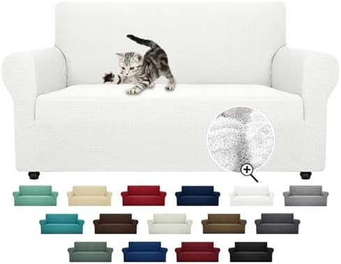 ZNSAYOTX Super Stretch Couch Cover Love Seat Sofa Covers for Living Room Dogs Pet Friendly Furniture Protector Spandex Loveseat Slipcovers with Anti Slip Foam Sticks (White, Loveseat)