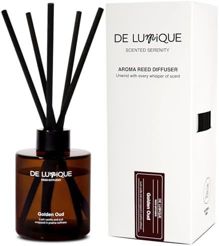 Golden Oud Scent Reed Diffuser – Room Scent Diffuser with Almond, Vanilla, Oud & Damask Rose – Long Lasting Home Fragrance Diffuser – Aromatherapy for Every Room – 150ml