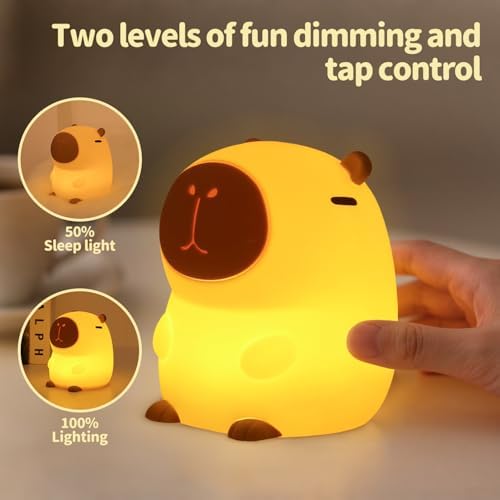 Capybara Night Light for Kids, Cute Squishy Silicone Capybara Lamp, 50-Hour Rechargeable Bedside Light with Tap Control, 2 Brightness Levels, 30-Min Auto-Off Timer, Nursery Room Decor Gift