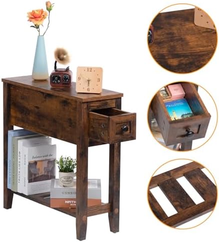 Brown 2 Pack Chairside Narrow End Table with Drawer, Solid Recliner Side Table with Storage Shelf, Slim Nightstand Bedside Table for Bedroom
