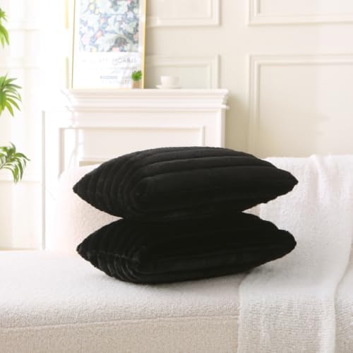 Decorative Throw Pillow with Inserts, Set of 2 Soft Faux Fur Throw Pillows, Boho Striped Pillow for Couch, Bed, Sofa Decor (Black 12" x 20"(Pack of 2))