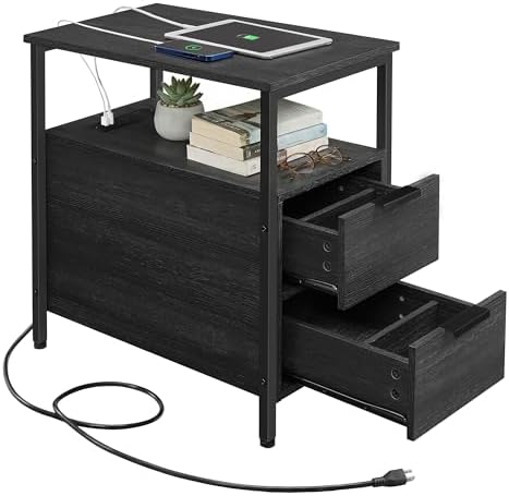 VASAGLE Side End Table with Charging Station, Slim Nightstand with Storage
