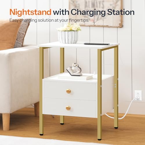 HOOBRO End Table with Charging Station, Bedside Table with Drawers
