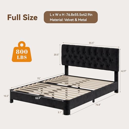Full Size Bed Frame with Headboard, Luxury Velvet Fabric Upholstered Bed frame with Button Tufted Design, Strong Wooden Slats Support - Low & Sturdy, Noise-Free, No Box Spring, Easy Assembly, Black