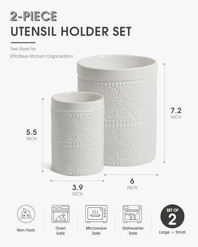 FUN ELEMENTS Kitchen Utensil Holder, 7.2+5.5" Super Large Utensil Crock Heavy and Stable Lace Emboss Ceramic Utensil Holder for Kitchen Counter(2Pcs Bright White)