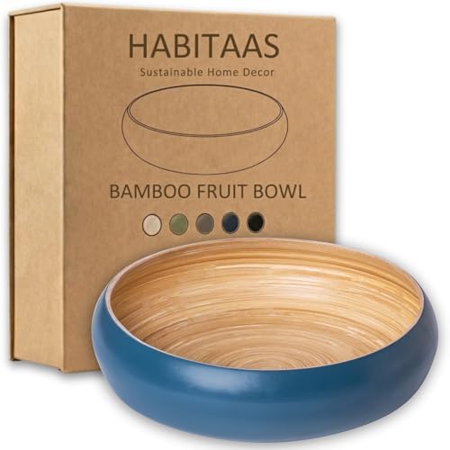Fruit Bowl for Kitchen Counter – Handmade Spun Bamboo, Large 11.75" Fruit Basket, Eco-Friendly Decorative Serving Bowl for Home Decor, Produce Storage & Centerpiece (Blue)