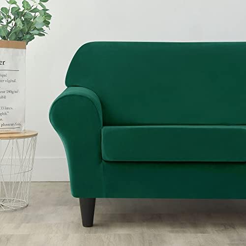 OBCREAT 3 Pieces Sofa Slipcover Stretch Velvet Sofa Covers for 2 Cushion Couch Loveseat Covers Soft Couch Cover with Elastic Bottom Non Slip Furniture Protector for Pets Kids (Green, Medium)