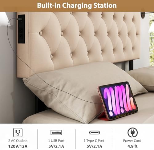 GIANTEX Headboard with Charging Station, Queen/Full Size Button Tufted Upholstered Head Board w/2 AC Outlets, USB & Type-C Port, Rubber Wood Legs, Width Adjustable Modern Bed Headboard Only (Beige)