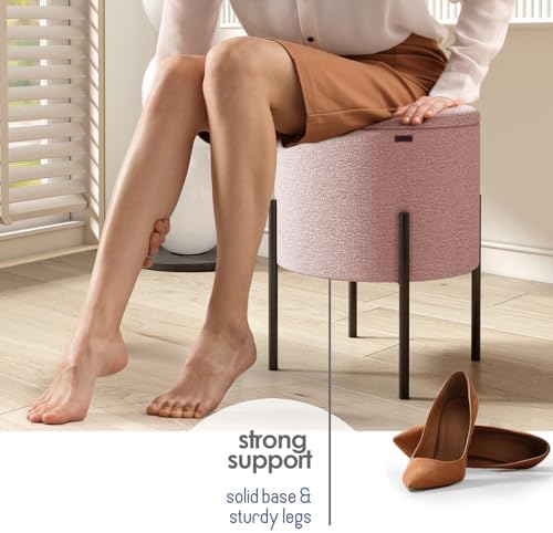 Round Ottoman with Storage, Boucle Storage Ottoman, Foot Stool Ottoman, Makeup Vanity Stool, Small Ottomans Foot Rest, Modern Ottomans for Living Room and Bedroom, Pink
