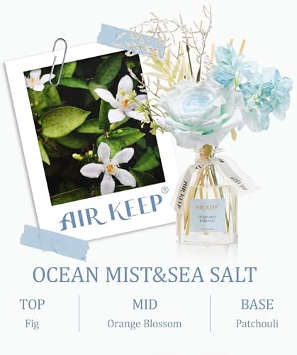 Airkeep Flower Reed Diffuser Set, Ocean Mist&Sea Salt Diffuser Gift Set,4.06 fl oz Essential Oil Sticks Diffusers for Bathroom Air Freshener, Aromatherapy Home Fragrance Shelf Decor, Gift for Women