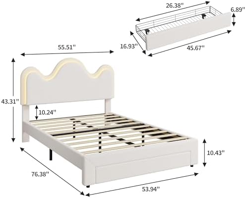 IDEALHOUSE Full Bed Frame with LED Headboard and Under-Bed Drawer, Metal Upholstered Platform Bed with LED Light for Kids, Girls, Lamb Fleece Fabric, Wooden Slats Support, No Box Spring Needed, White