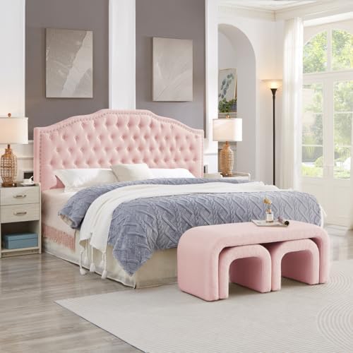 24KF Upholstered Button Tufted King Size Headboard with Nailhead Trim, Elegant Boucle Fabric California King headboard, 6031-K-Boucle-Pink