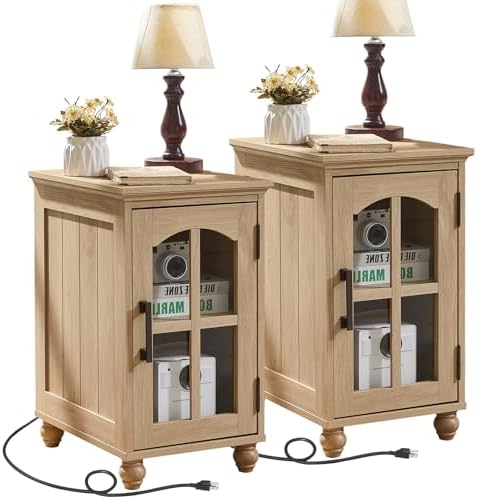 Narrow Side Table Set of 2, Farmhouse Nightstand with Charging Station