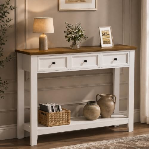 46.5" W Narrow Console Table with 3 Drawers, White