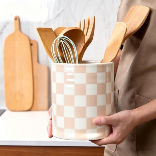 Kitchen Utensil Holder,7.2-inch Extra Large Ceramic Checkered Pattern Utensil Crock,Cooking Utensil Organizer for Kitchen Counter Decor,Storage Caddy Farmhouse Gift Beige