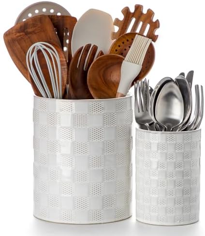 Nucookery Ceramic Utensil Holder for Kitchen Counter Organizer, Set of 2