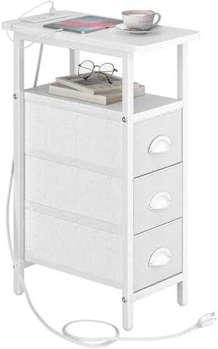 Sthmec End Table with Charging Station,Narrow Side Tables with USB Ports and Outlets,Skinny Bedside Tables with 3 Drawers,Small Tables Nightstands for Small Space,Slim Sofa Table for Livingroom, White