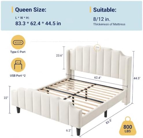 Allewie Vintage Queen Size Velvet Platform Bed Frame, White