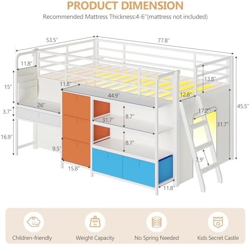 Low Twin Loft Bed with Desk,6 Storage Drawers,Led Lights & Kids Secret Base