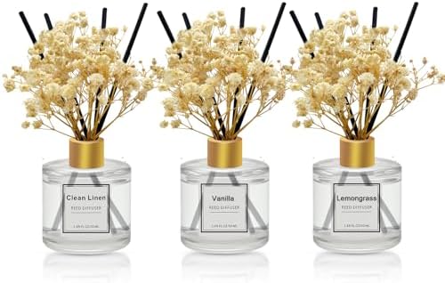 Reed Diffuser Set of 3 Pack,Clean Linen,Vanilla,Lemongrass Scented Oil Diffuser with 4 Sticks,Reed Diffusers for Home,Living Room,Bathroom Air Freshener Diffuser,50ml x 3