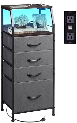 WLIVE Nightstand with Charging Station, Night Stand with LED Light, Tall 4 Drawer Dresser for Bedroom, 37" H Bedside Table with Fabric Storage Bins, Open Wood Shelf, Metal Frame, Dark Grey