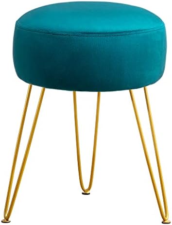 LUE BONA Vanity Stool, Teal Vanity Stools for Makeup Room, Round Ottoman Foot Stool, Velvet Footrest Vanity Chair for Bathroom Vanity, Bedroom, Living Room, Entryway, Offices, 300lbs