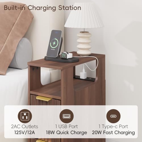 JUSTOGO Narrow Nightstand with Charging Station, Fluted End Table, 1 Pack