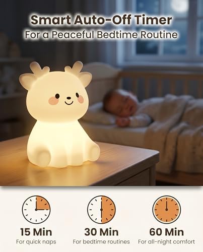 Deer Night Light for Kids, Squishy Dimmable Lamp with Remote & Touch, 15/30/60m Timer 8-Color Nursery Nightlight, Rechargeable BPA-Free Breastfeeding Room Decor Gifts for Girls Boys