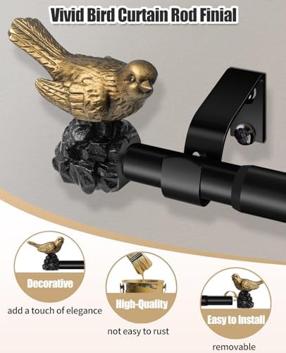 Bird-Shaped Decorative Curtain Rod Finials, 1 or 7/8 Inch, Easy Install, Set of 2 – Gold
