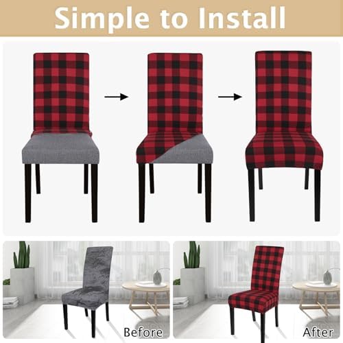 SearchI Christmas Chair Covers Set of 4, Stretch Xmas Kitchen Chair Cover Removable Washable Holiday Parsons Chair Slipcovers for Dining Room, Christmas Decoration, Ceremony (Black/Red Plaid)
