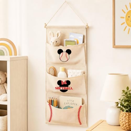 3-Pocket Hanging Wall Organizer, Baseball Theme Over Door Storage