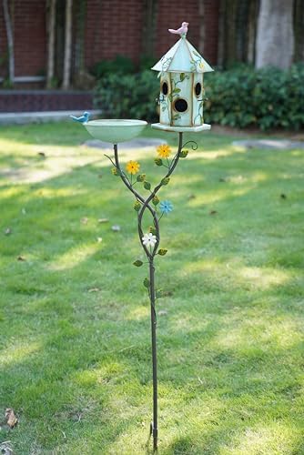 Bird Baths and Bird House with Pole,birdhouses for Outdoors，Metal Bird Bath