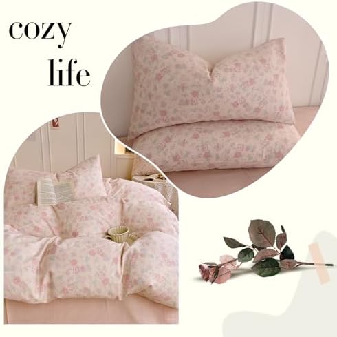 HighBuy Cotton Muslin Duvet Cover Twin XL Size for Teen Girls,Cottagecore Pink Floral Print Bedding Set 3 Pieces,Soft Breathable Princess Gauze Cotton Comforter Cover for Girls Kids Toddlers