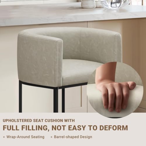 26" H Counter Height Bar Stools Set of 4, Modern Barrel Counter Stools with Backrest and Arms, Faux Leather Upholstered Accent Barstools for Kitchen Island,Support 450 LBS (Grayish White)