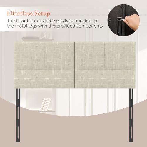 Upholstered Headboard Queen Size, Solid Wood Head Board with Sturdy Metal Legs, Linen Bed Headboard with Height Adjustable, Oatmeal