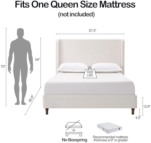 Queen 54" Tall Headboard Wingback Upholstered Platform Bed Frame Elegant Simplicity Chenille for Bedroom Strong Wood Slats Support No Box Spring Needed Easy Assembly No Noise Cream White