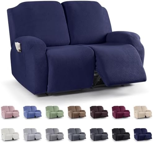 KinCam Recliner Covers, Stretch Reclining Chair Covers, Recliner Sofa Slipcovers Stripe Jacquard Recliner Couch Covers Furniture Protector Covers for Pet Kid (2 Seater, Dark Blue)