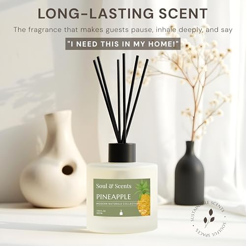 Soul & Scents Reed Diffuser Set – Pineapple | 7.43 oz Refillable Scented Oil with 6 Fiber Sticks | Long-Lasting Home Fragrance & Air Freshener for Bedroom, Bathroom, Office | Gift & Décor Piece