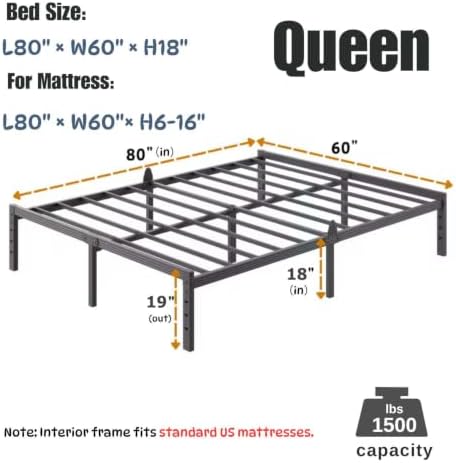 18 Inch Queen Size Metal Platform Bed Frame,Mattress Anti-Slip Design