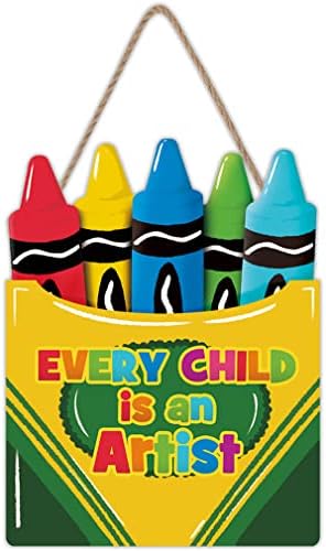 LHIUEM Colorful Crayon Wood Sign Decor(10"X14") Inspirational Quote Every Child is an Artist Wall Art Multicolor Cartoon Pencil Positive Wooden Plaque for Kid Room Playroom Classroom Nursery